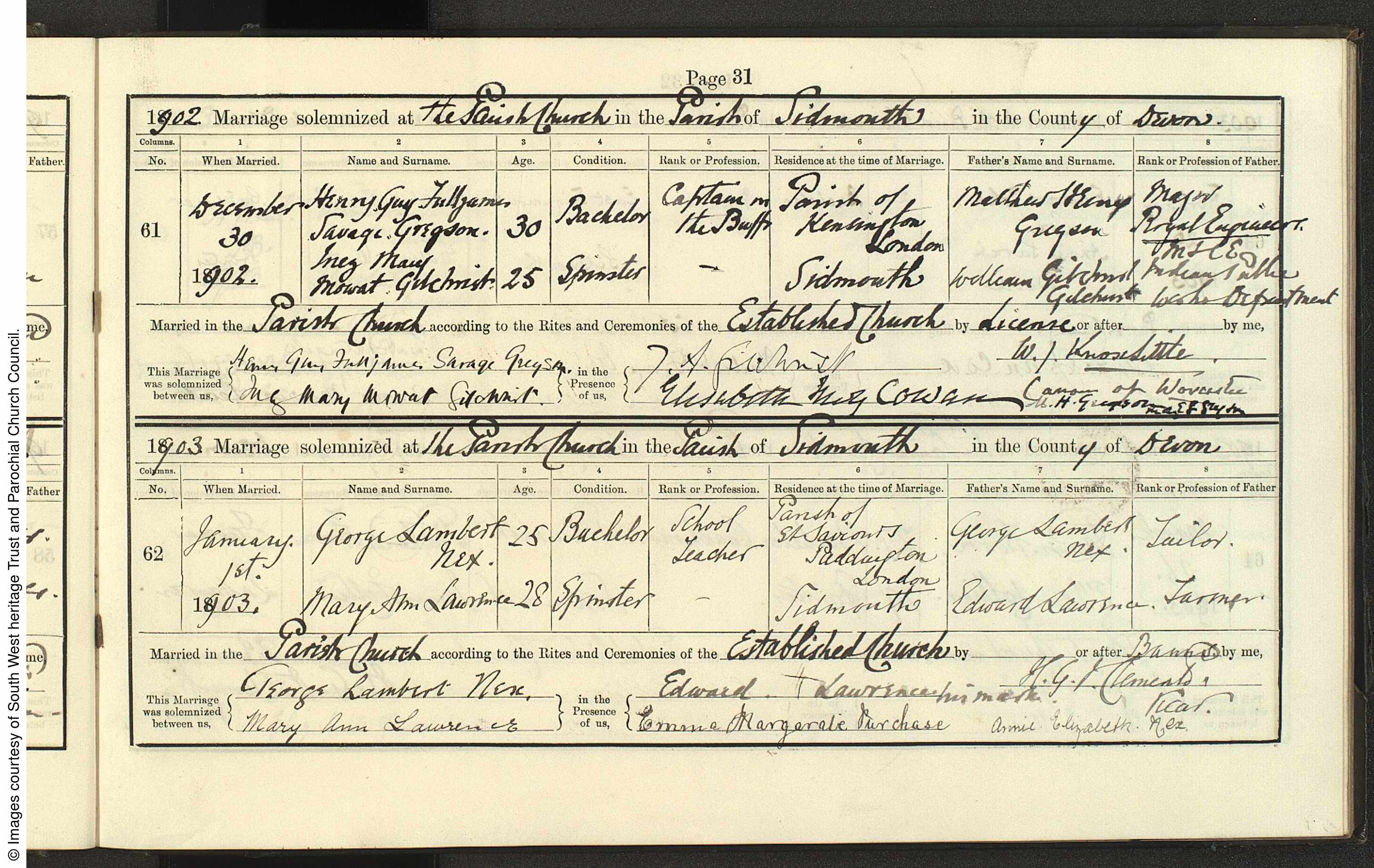 Marriage register, Sidmouth, 1902